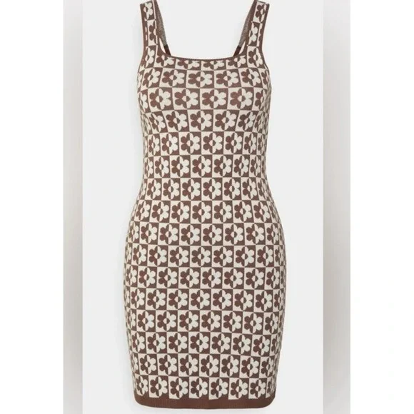 Hollister Brown Cream Floral Knit Dress Y2K Cottagecore Tank Midi L Retro - Picture 1 of 10